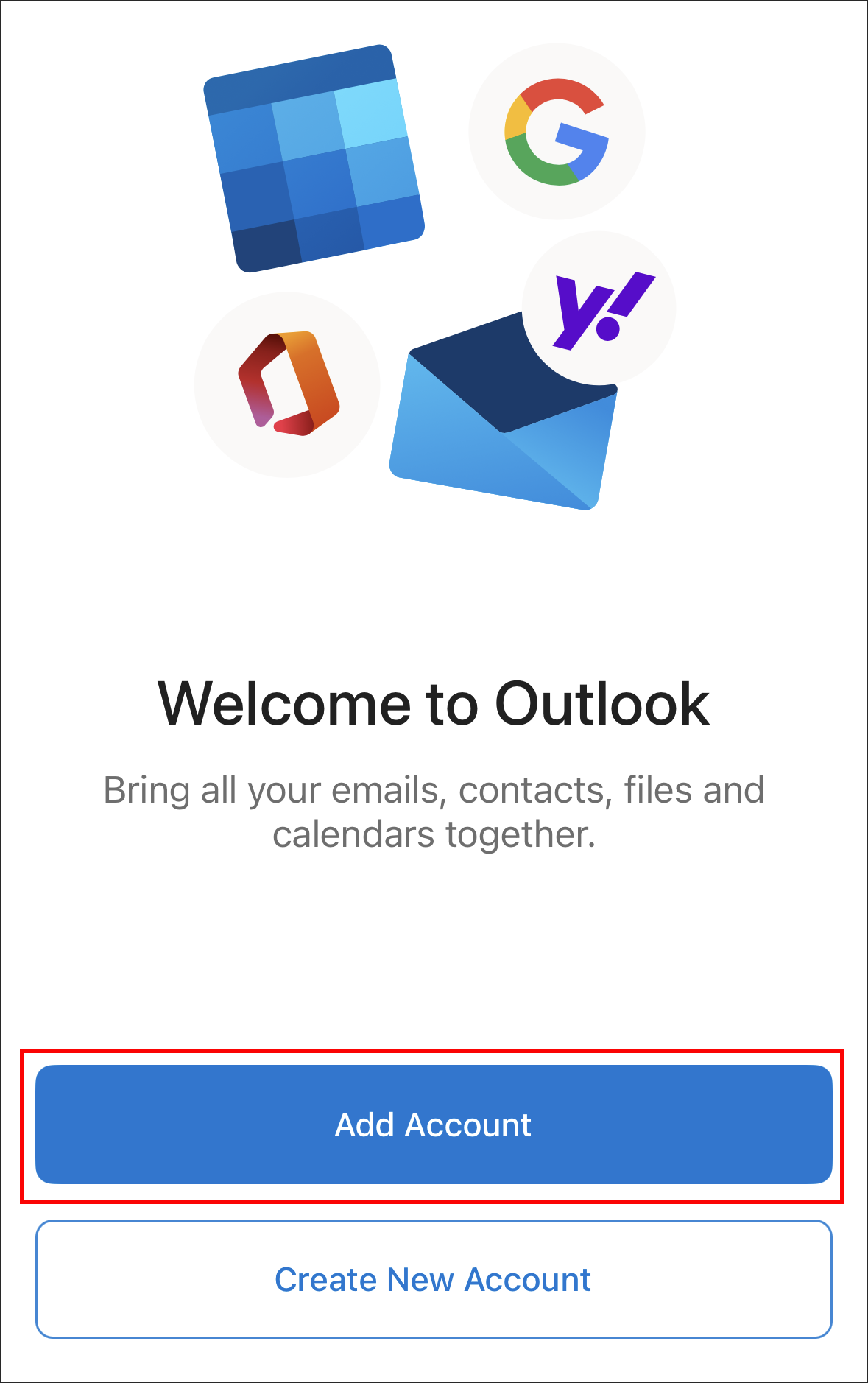 Welcome to Outlook Add Account screen