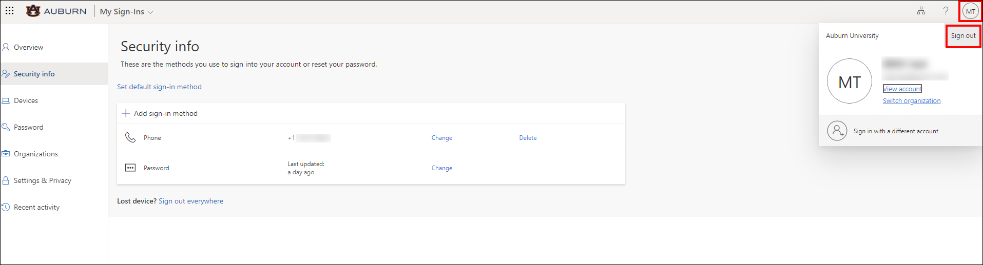 Alumni and retiree Outlook sign out screen