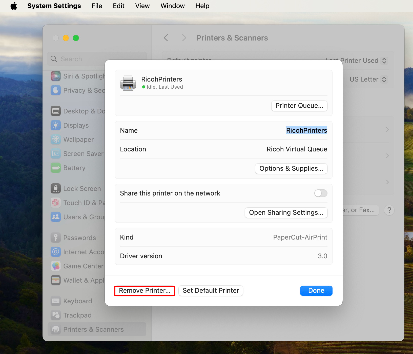 Mac RicohPrinters remove printer screen