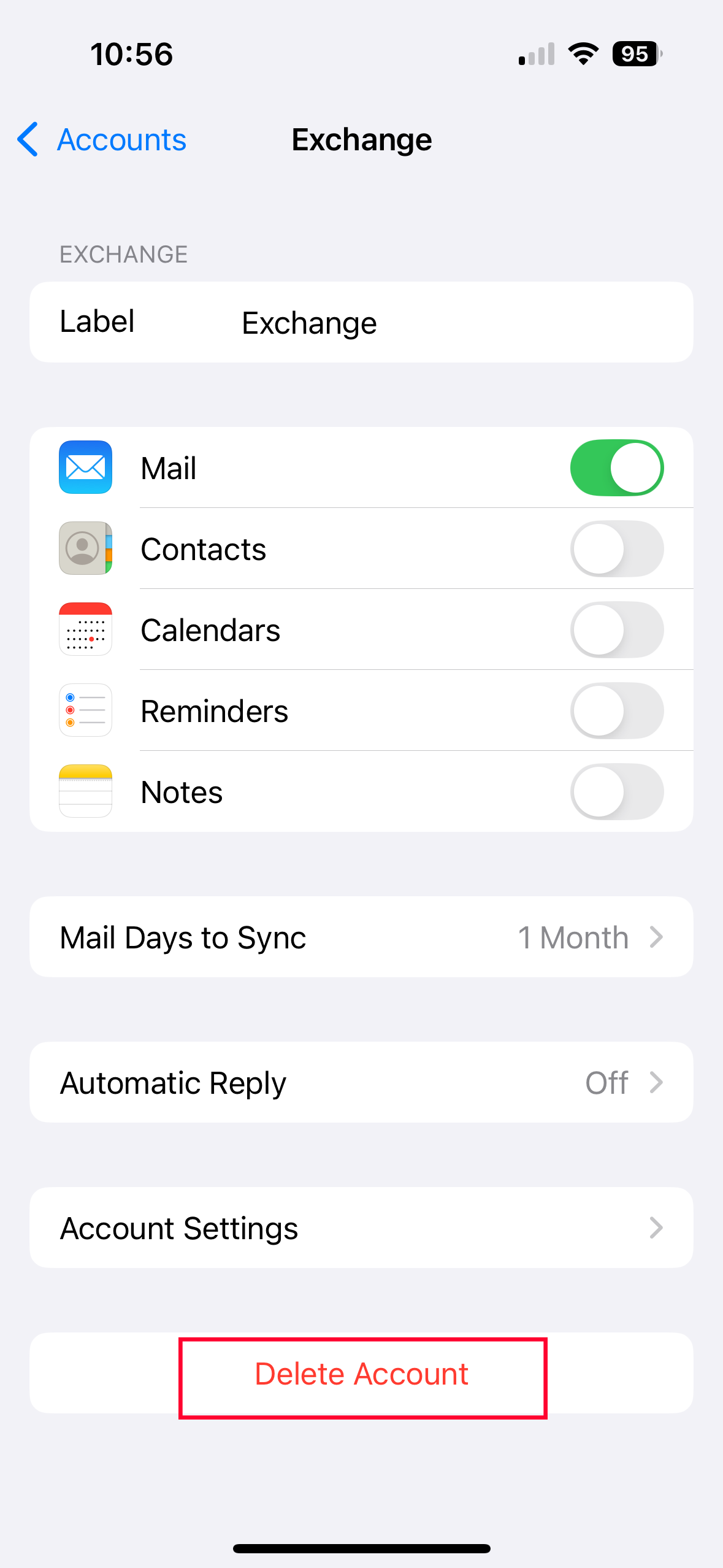 ios delete mail account screen