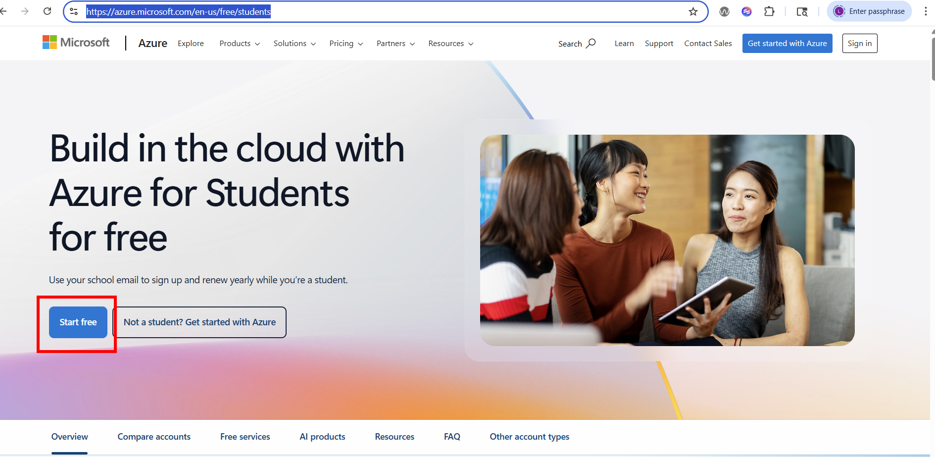 Azure student login main page
