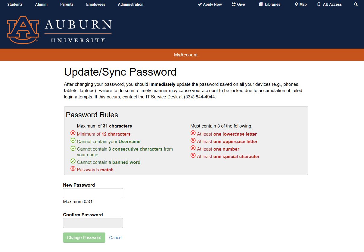 MyAccount Change Password Screen