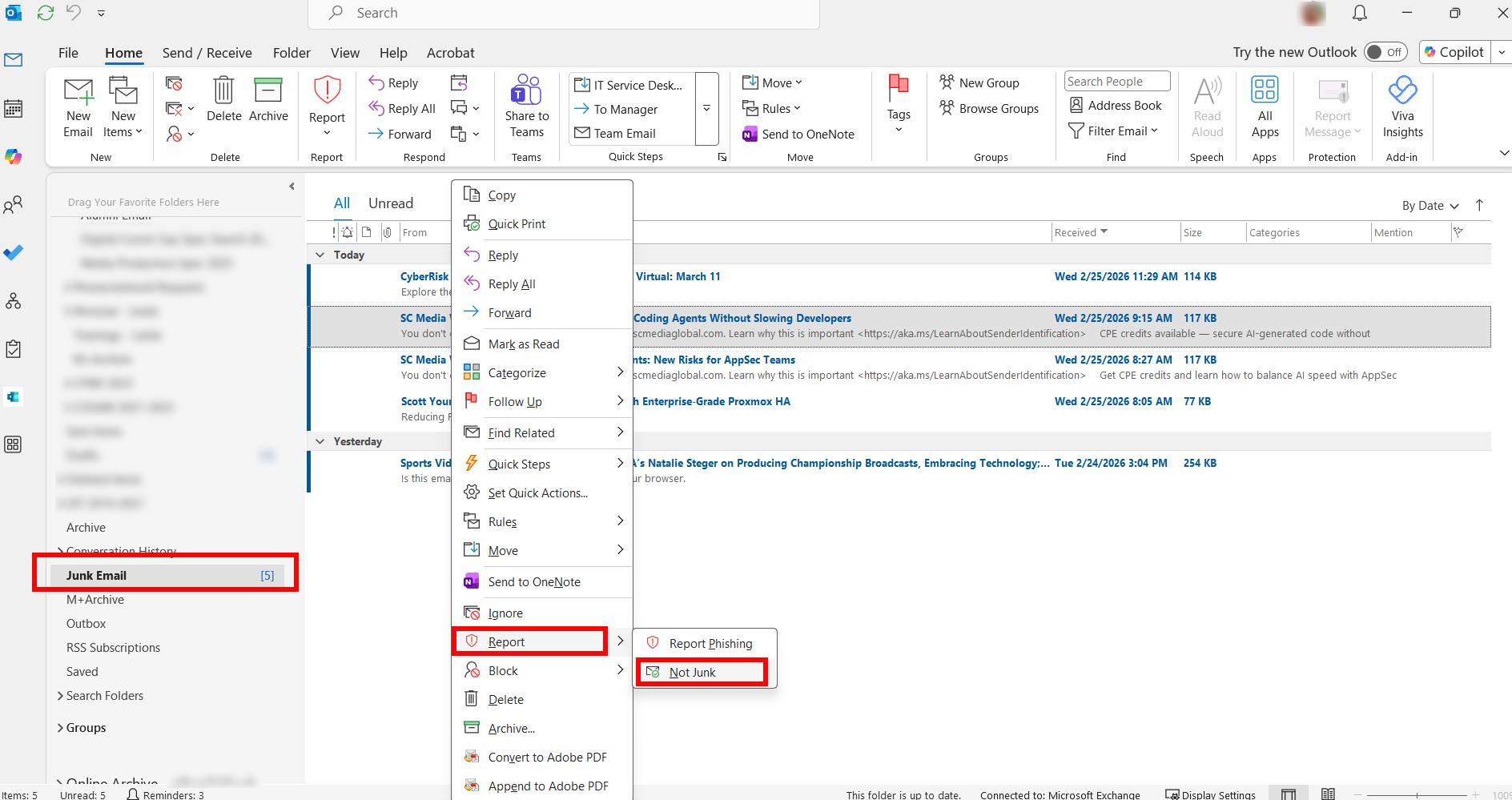 Not junk email selection
