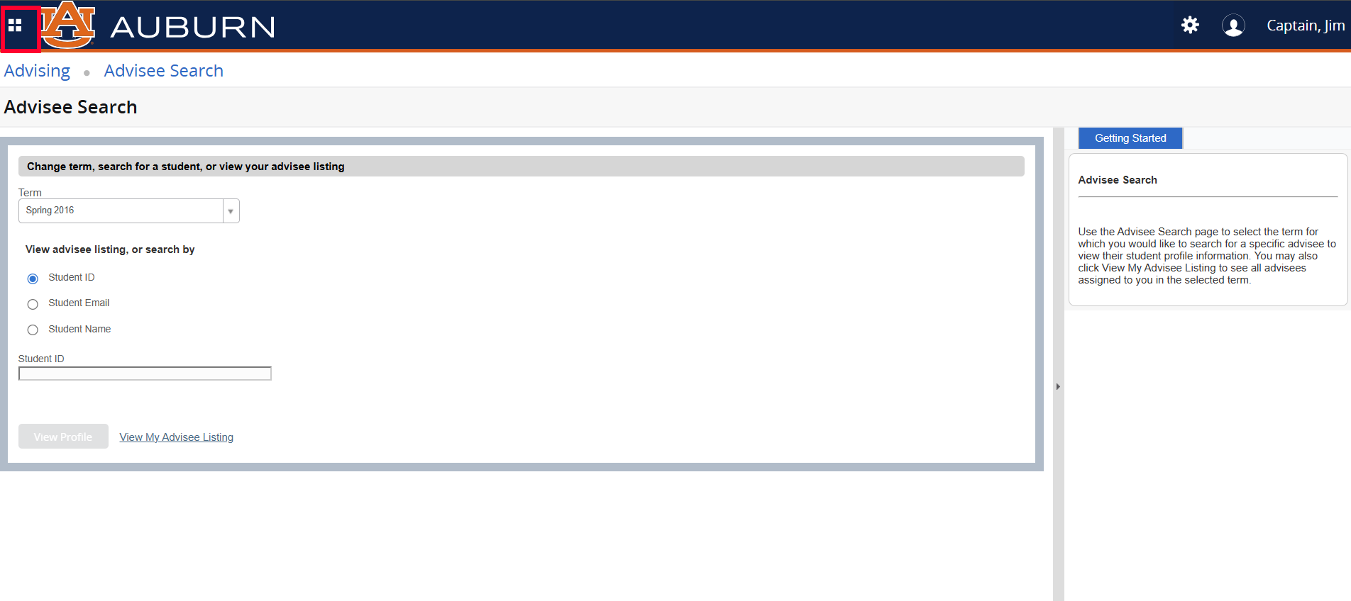 AU Access advisee search main menu