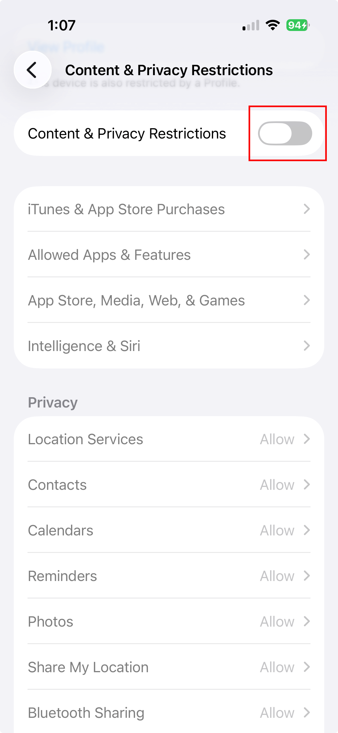 iOS Content and Privacy Restrictions