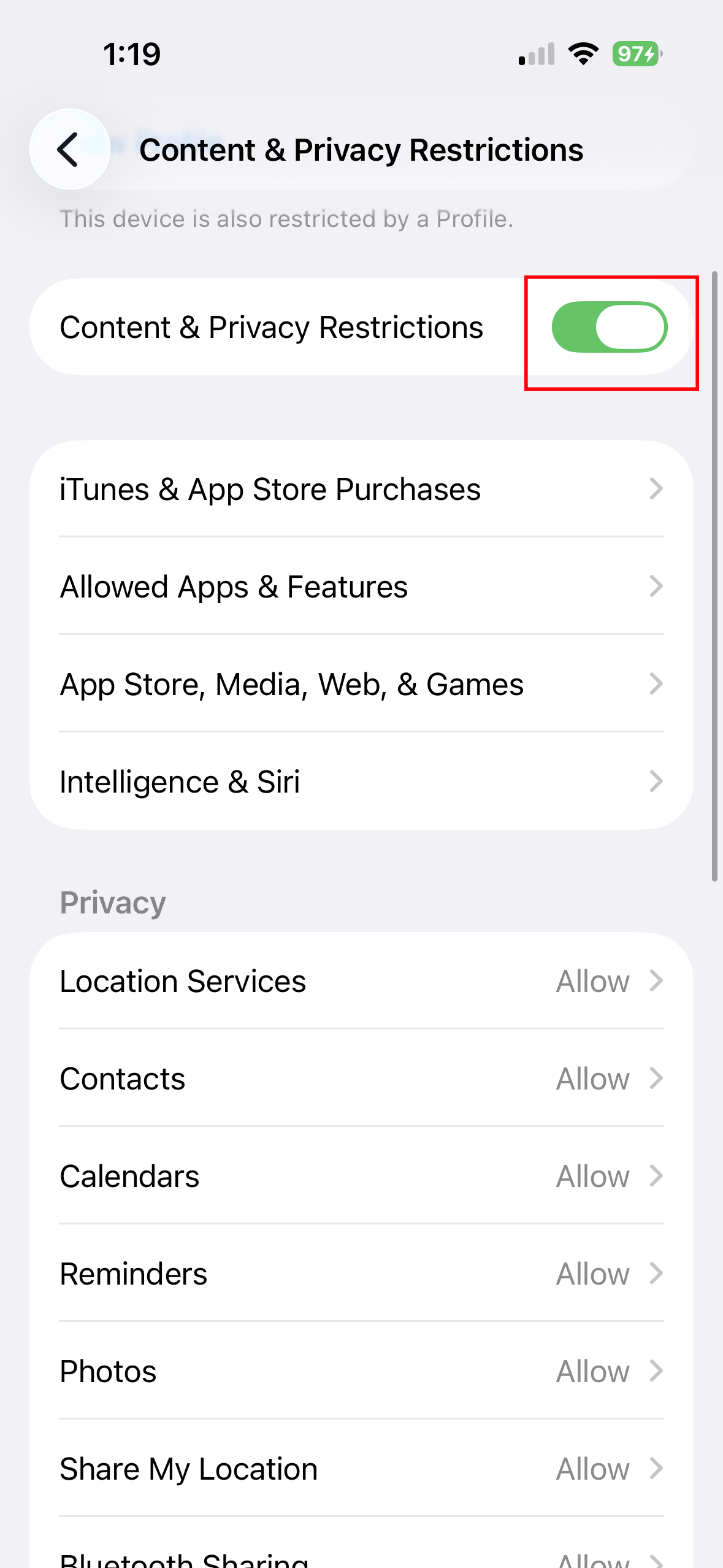 iOS content and privacy restrictions toggled on