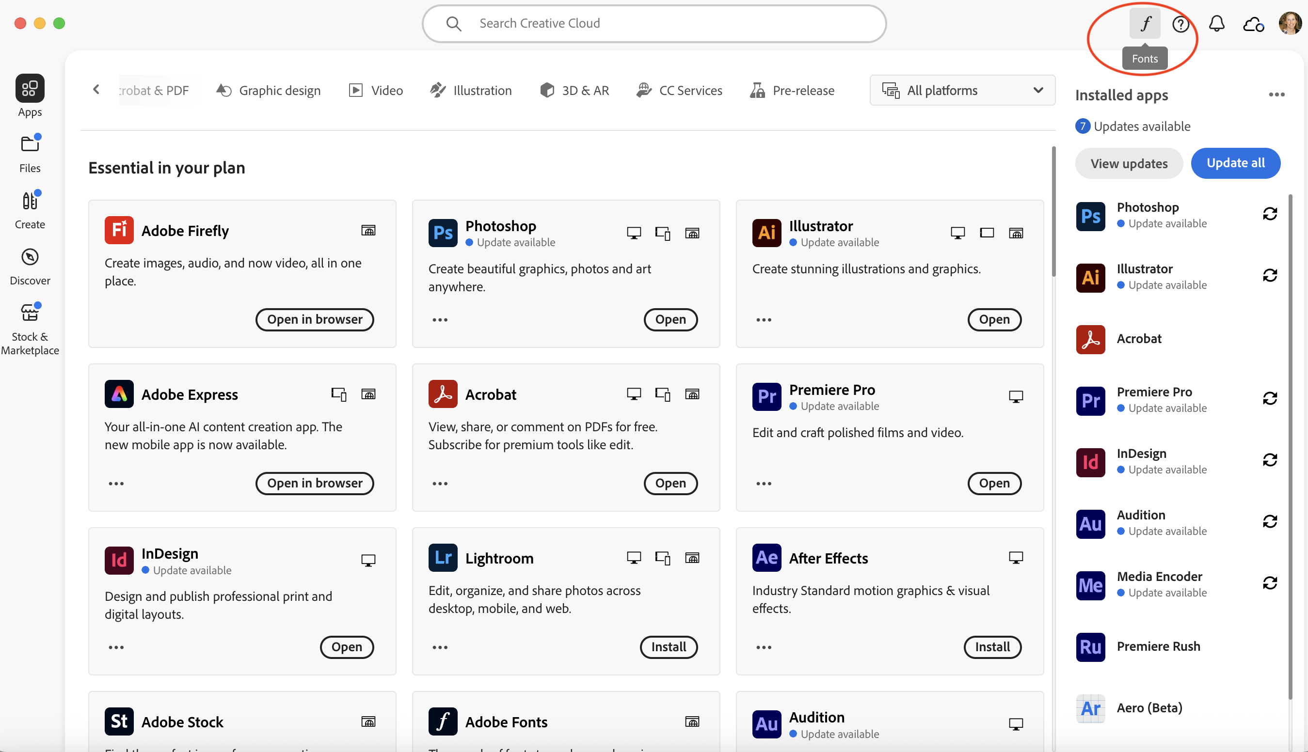 Adobe Fonts main screen