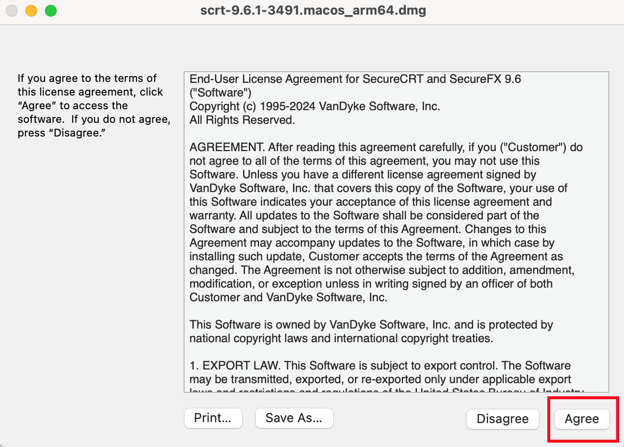 SecureCRT license agreement acceptance screen