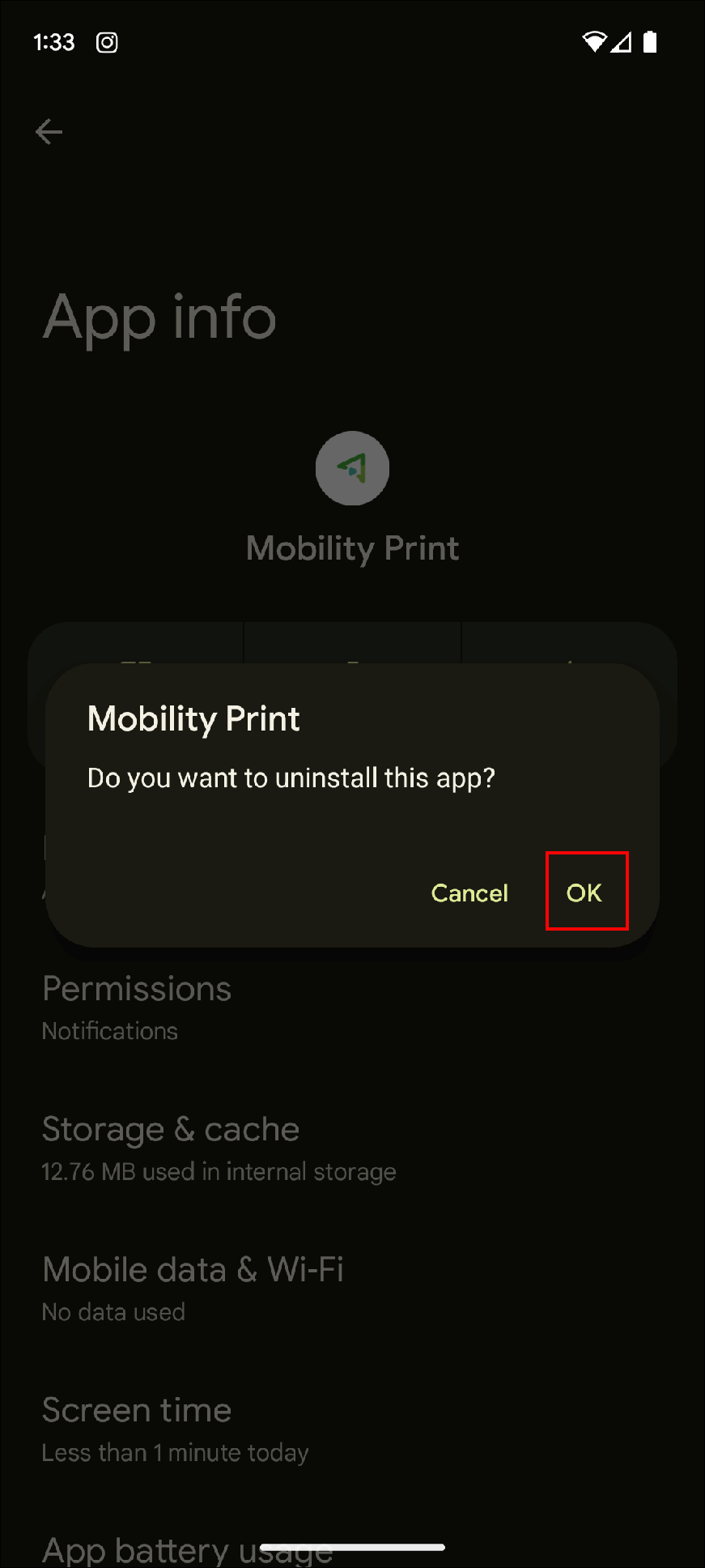 Android uninstall mobility print app option