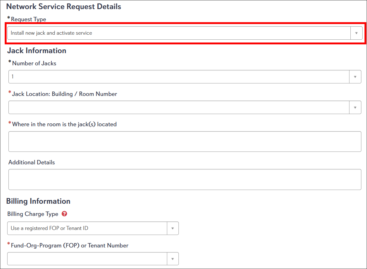 network service request install new jack selection