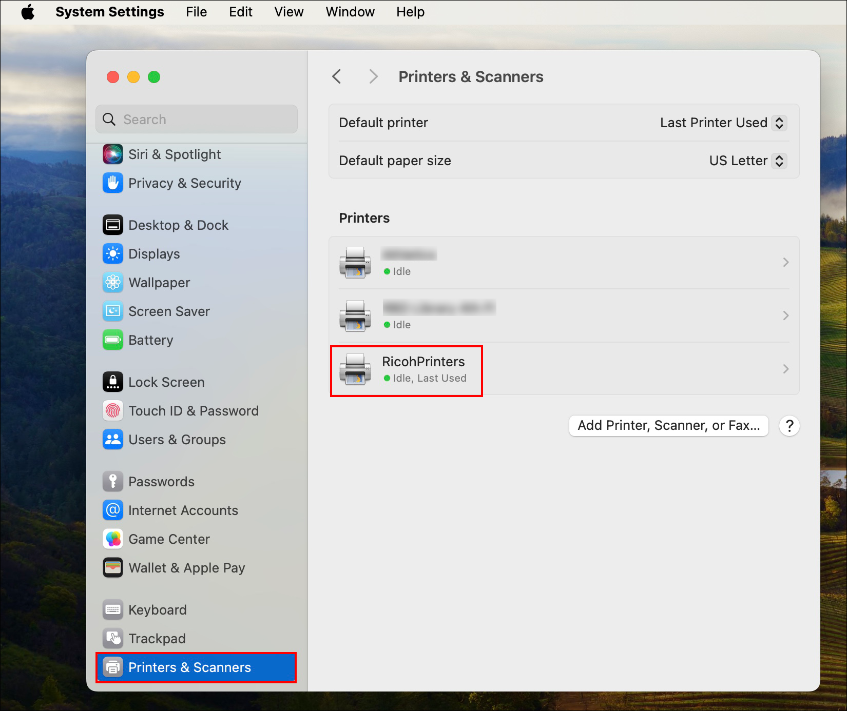 Mac printers and scanners screen