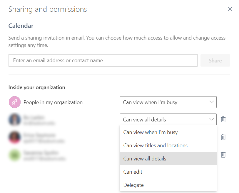 outlook for web sharing and permissions