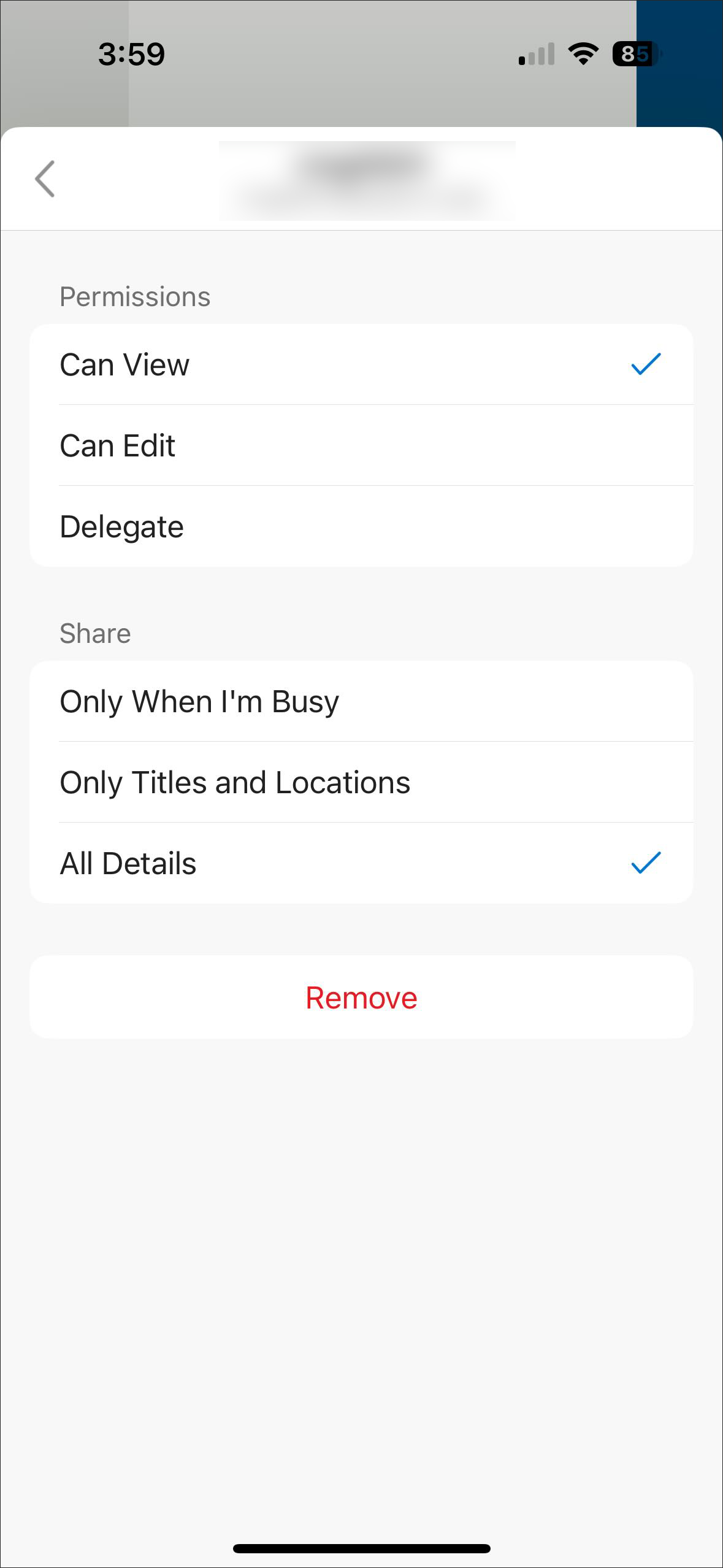 outlook app permission and sharing options