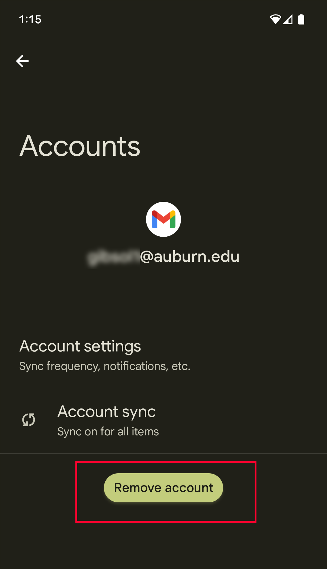 Remove exchange account in android settings