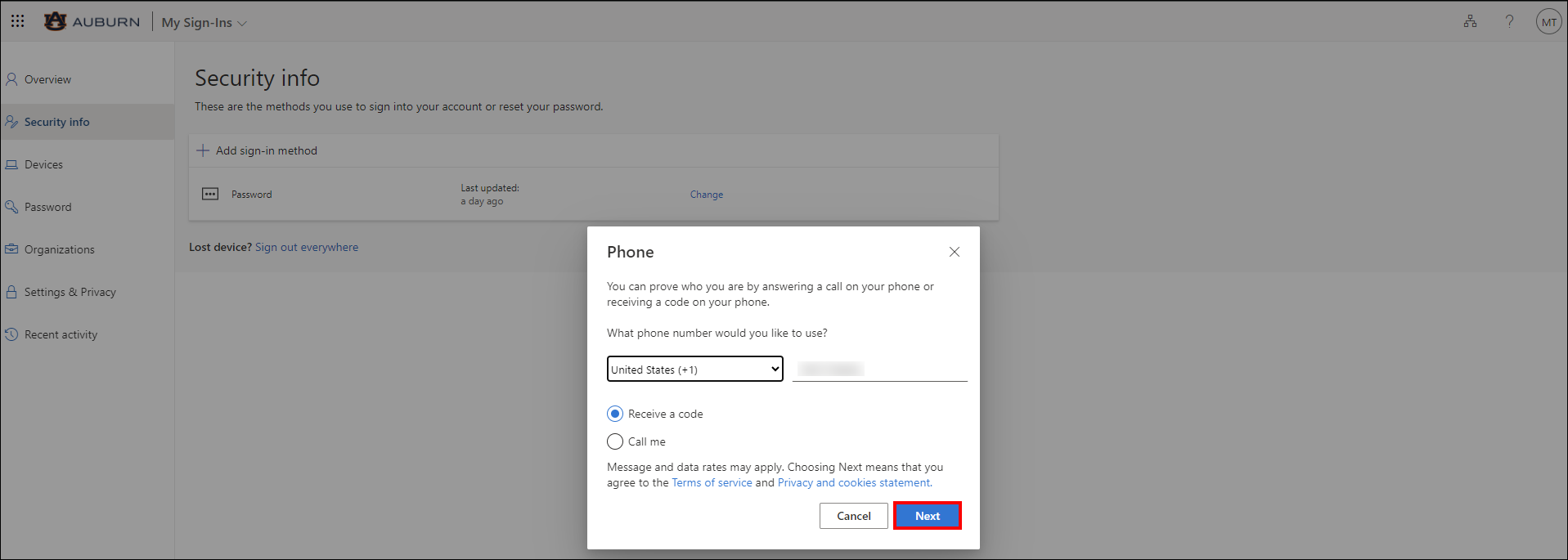 Alumni and retiree Outlook MFA phone options screen