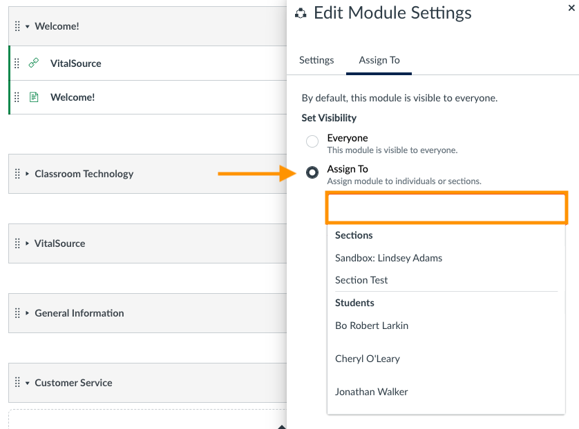 assign to modules from everyone to specific students in the fly out window