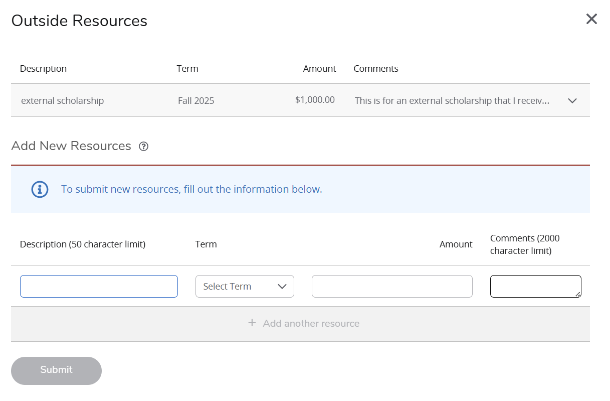 Financial Aid submit outside resources