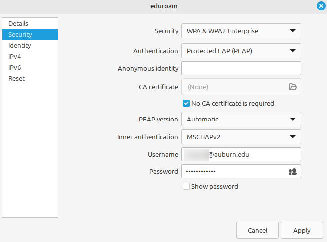 eduroam security settings