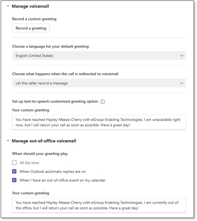 Teams Voice voicemail settings