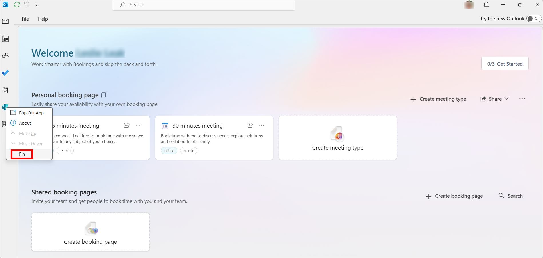 Microsoft Bookings pin app in Outlook