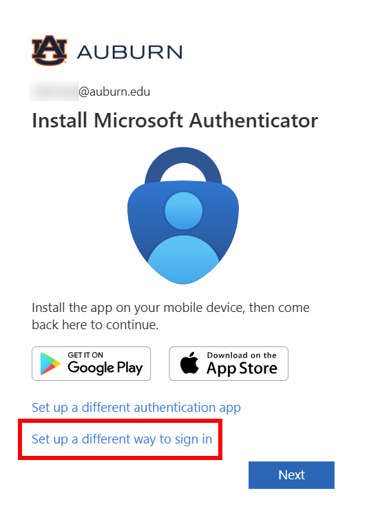 Microsoft authentication set up a different way to sign in