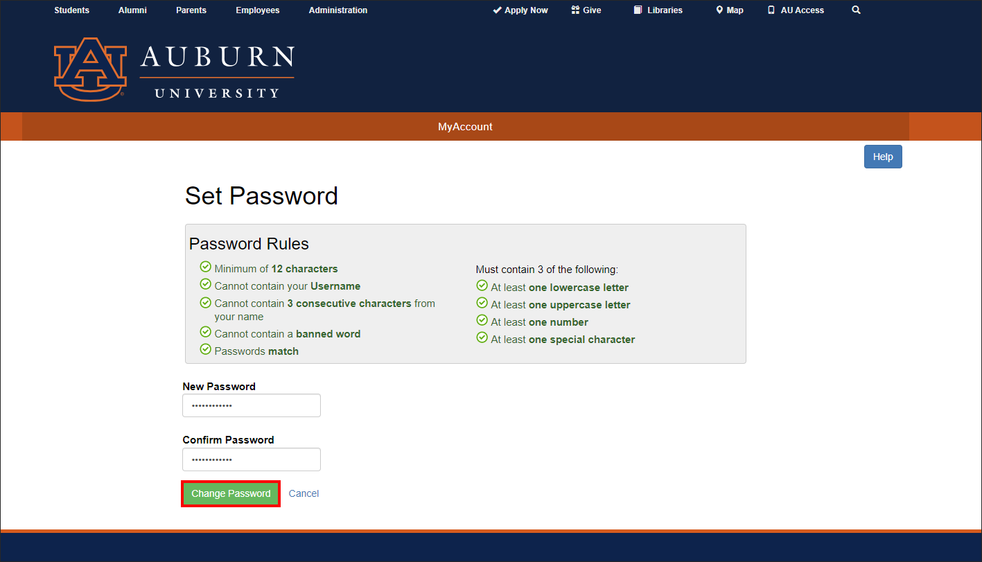 AU account activation set password screen