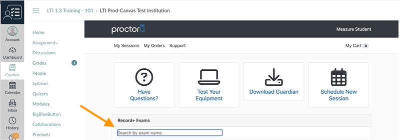 Record+ exam search field in ProctorU. 