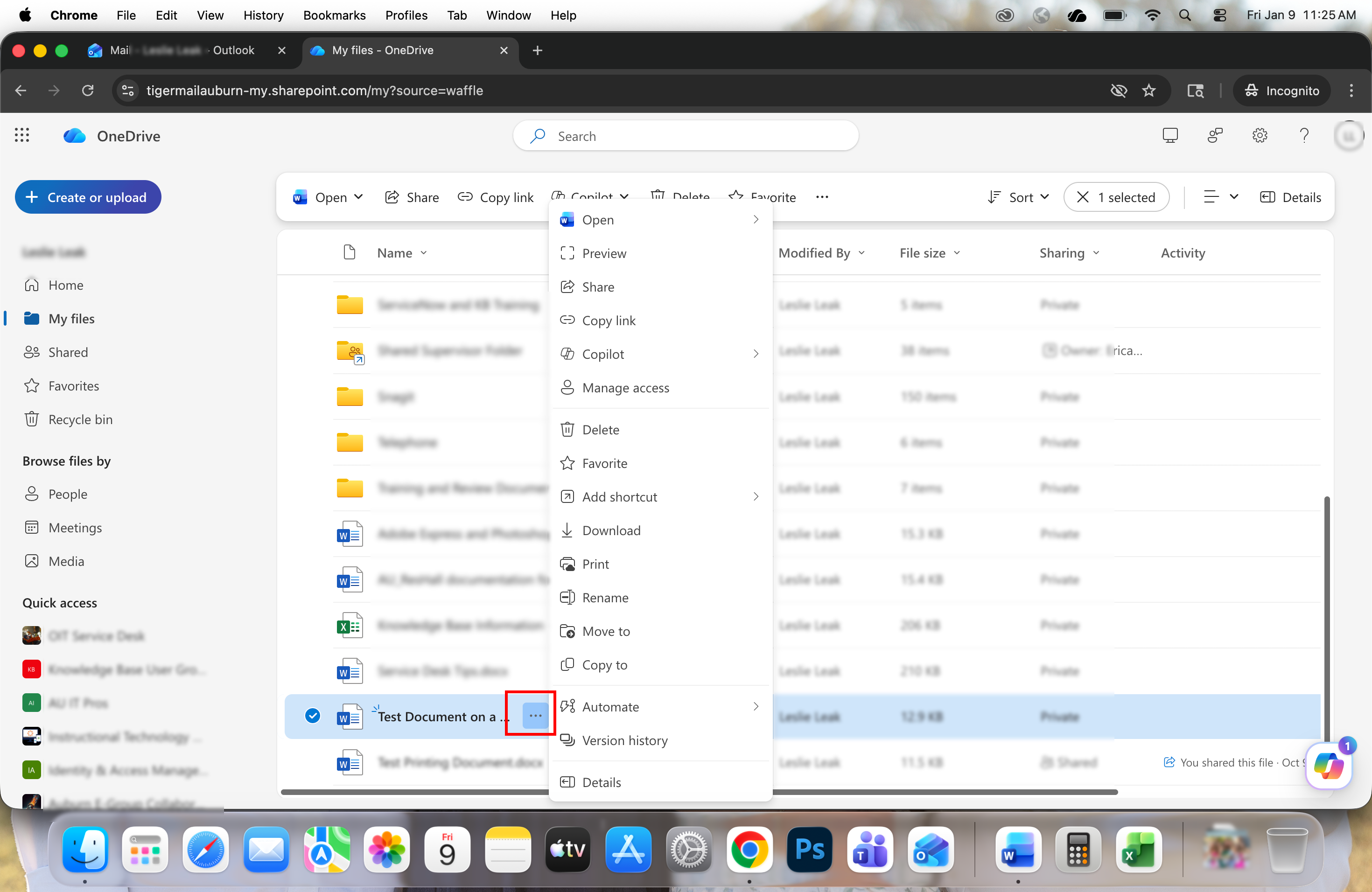 OneDrive file and folder options