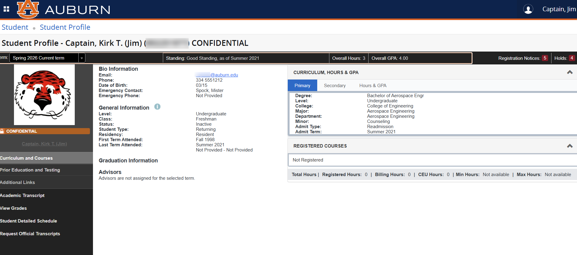 AU Access new student profile view