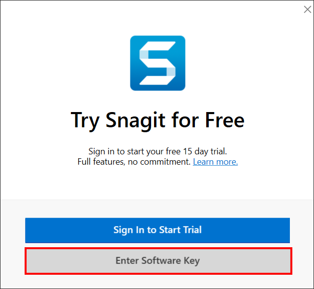 Snagit enter software key selection