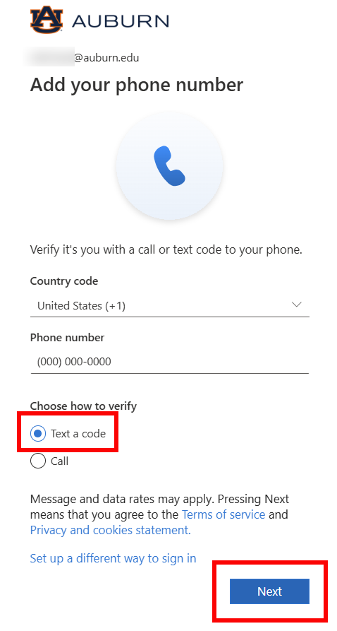 Alumni and retiree MFA phone registration screen