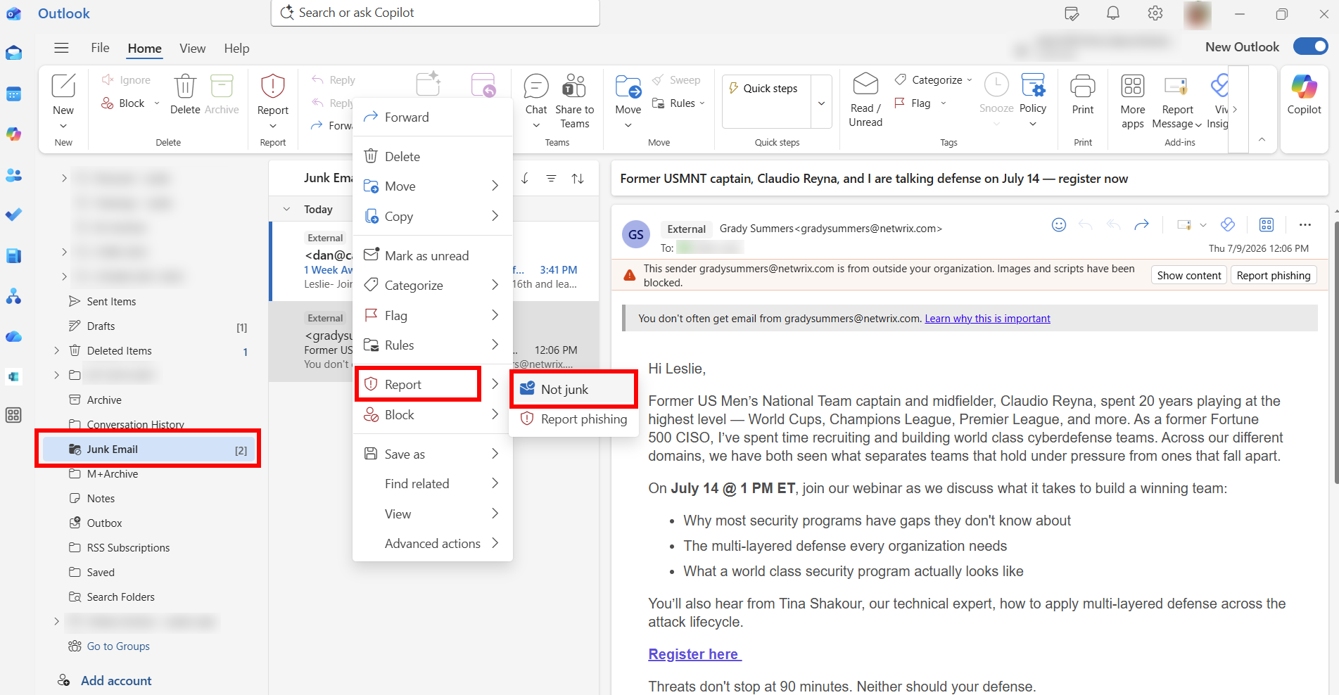New Outlook not junk reporting feature