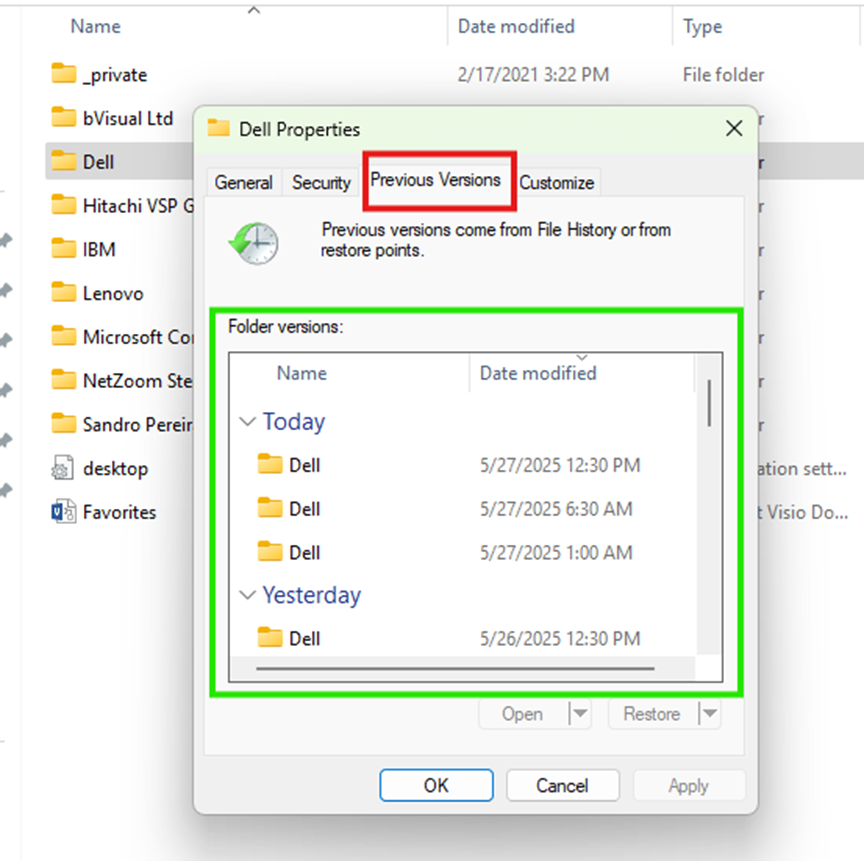 Windows properties previous versions