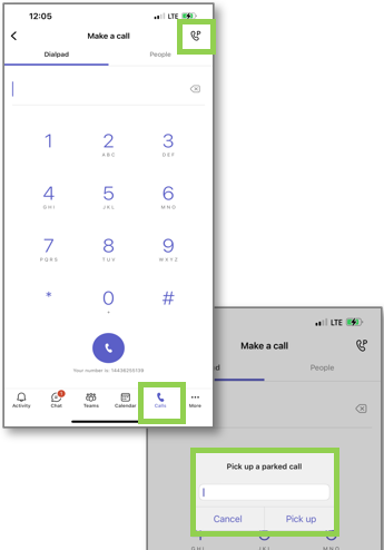 Teams Voice pick up parked call in mobile app