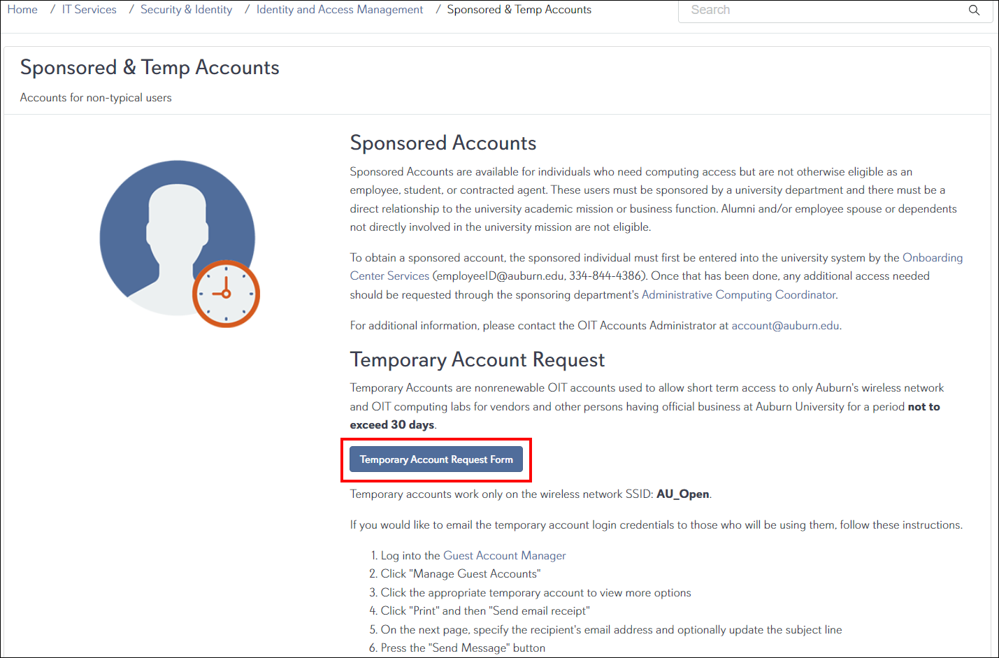 Temporary Account Request Form button