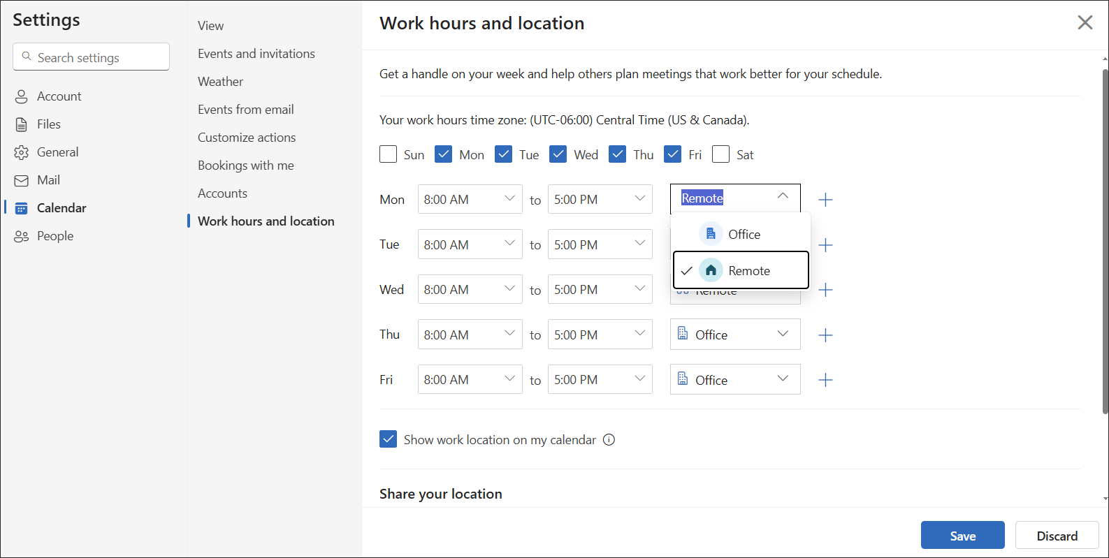 Outlook on the web adjust calendar hours and location
