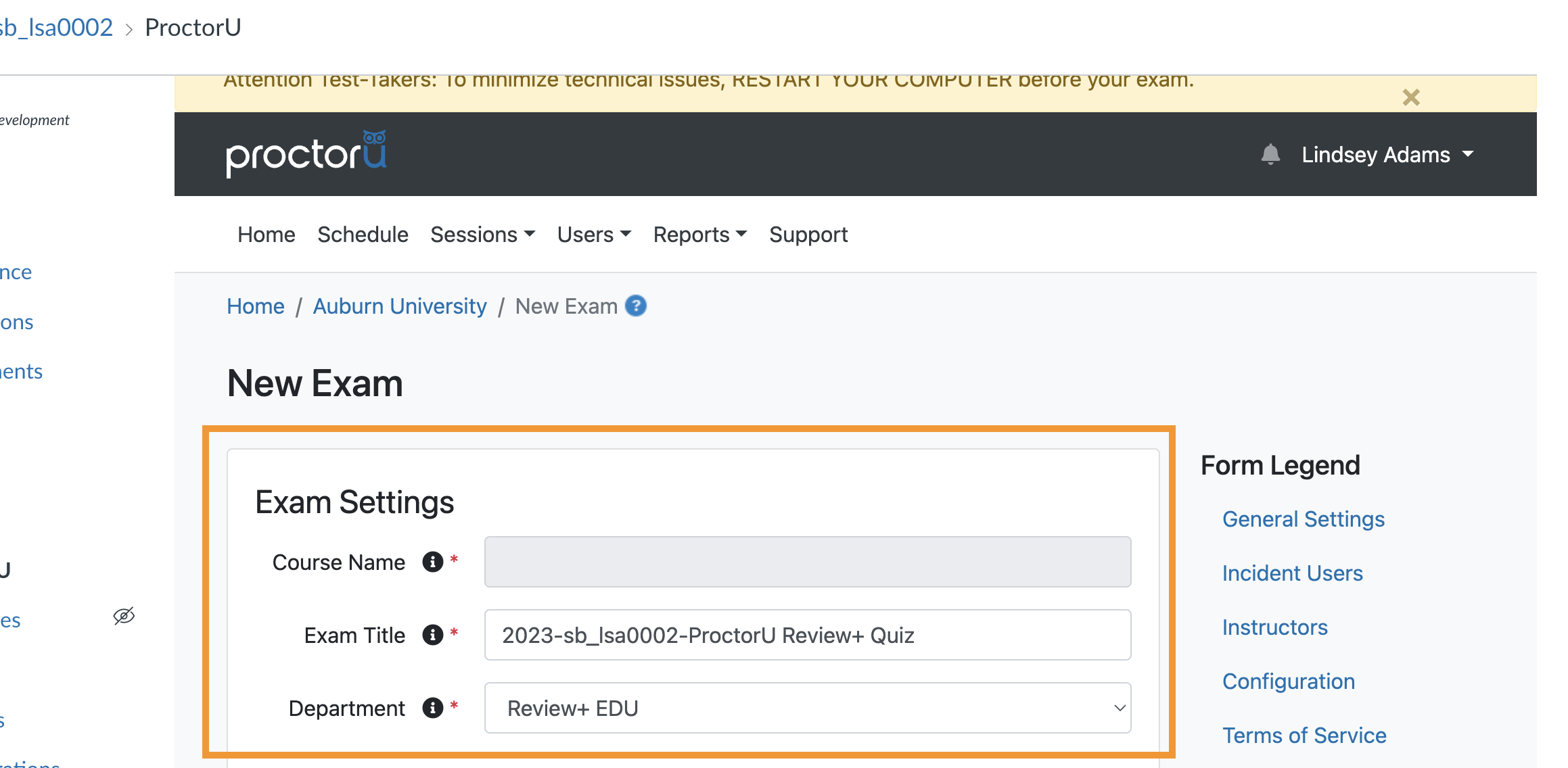 screenshot, department and exam title fields are shown