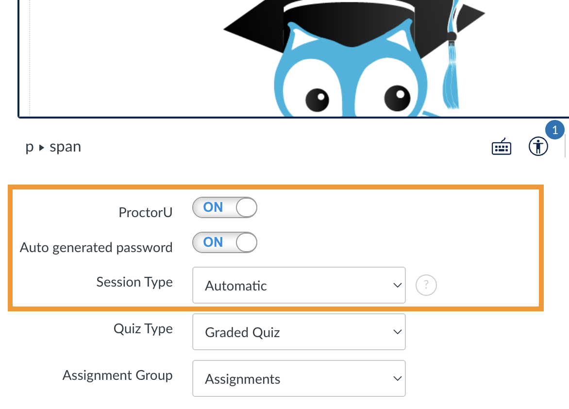 screenshot, proctoru and auto-generate password toggled on