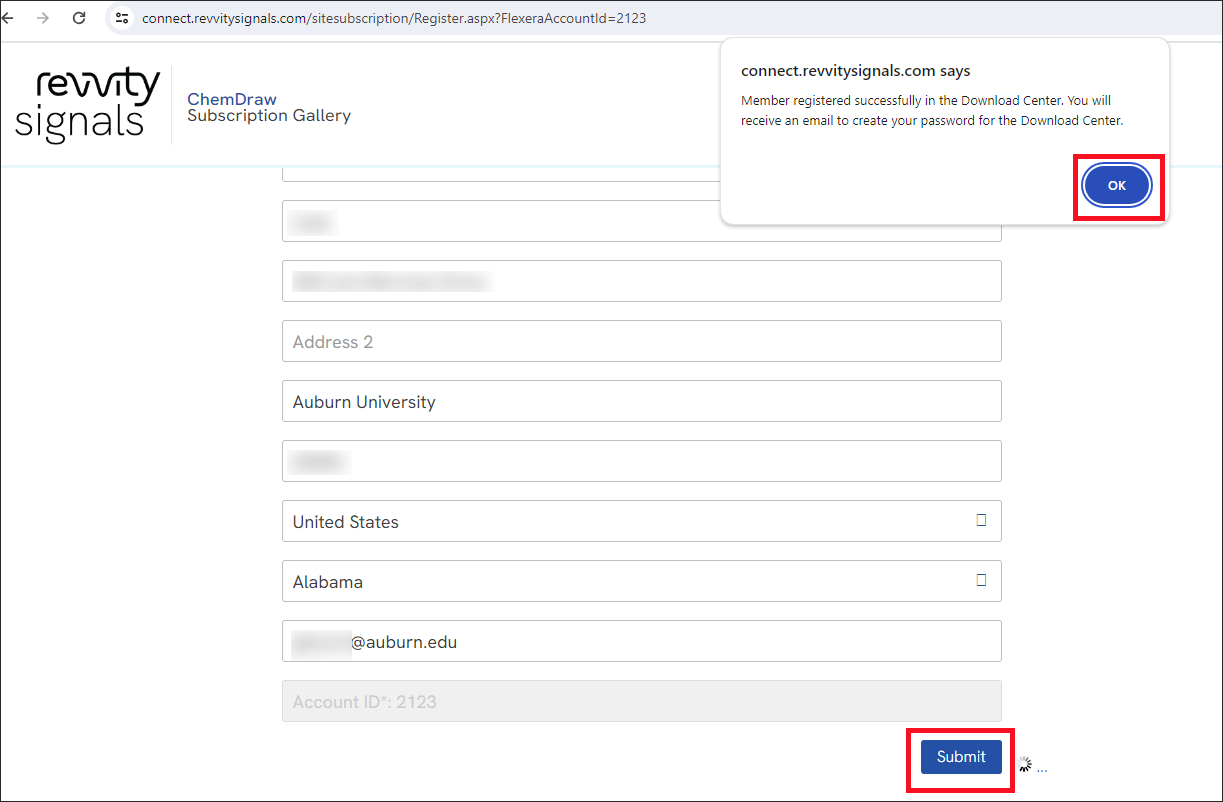 ChemDraw Successful Registration Screen