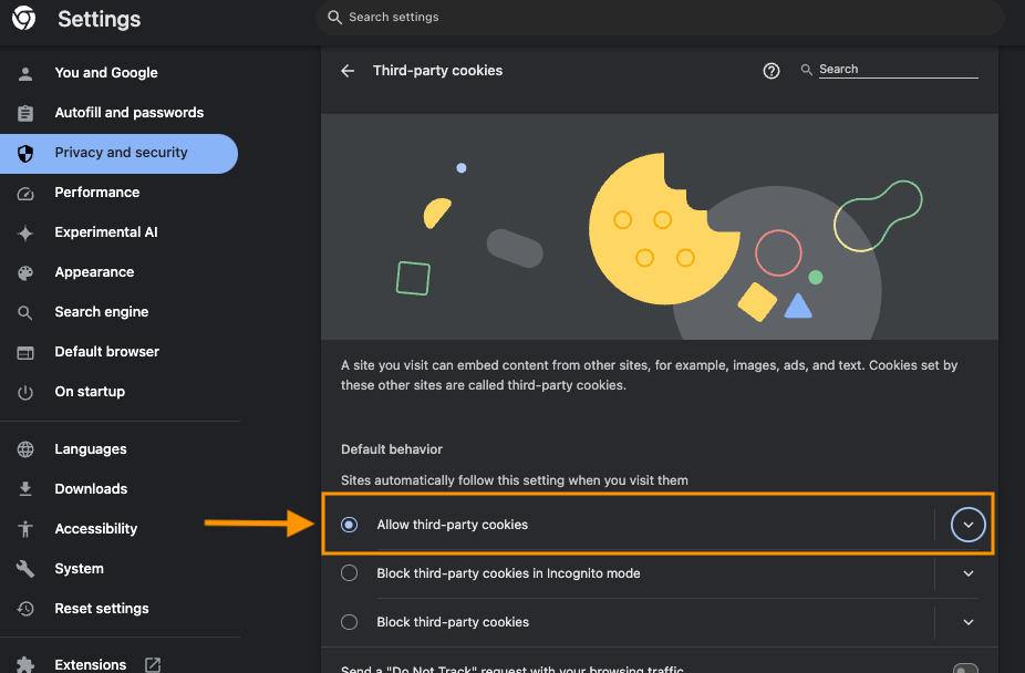 chrome third party cookies.png Chome settings menu with third party cookies