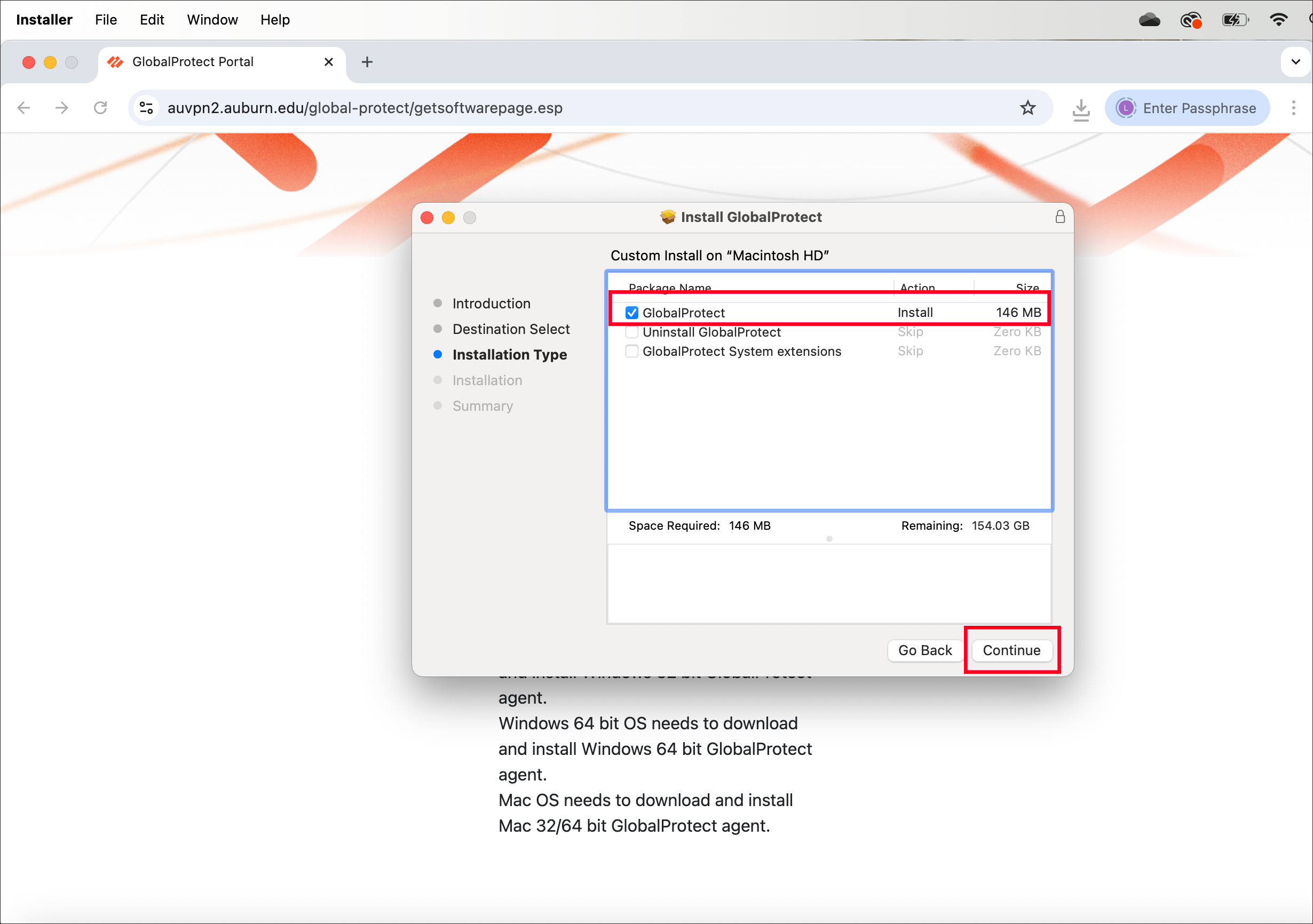 Global Protect Installation Type Screen