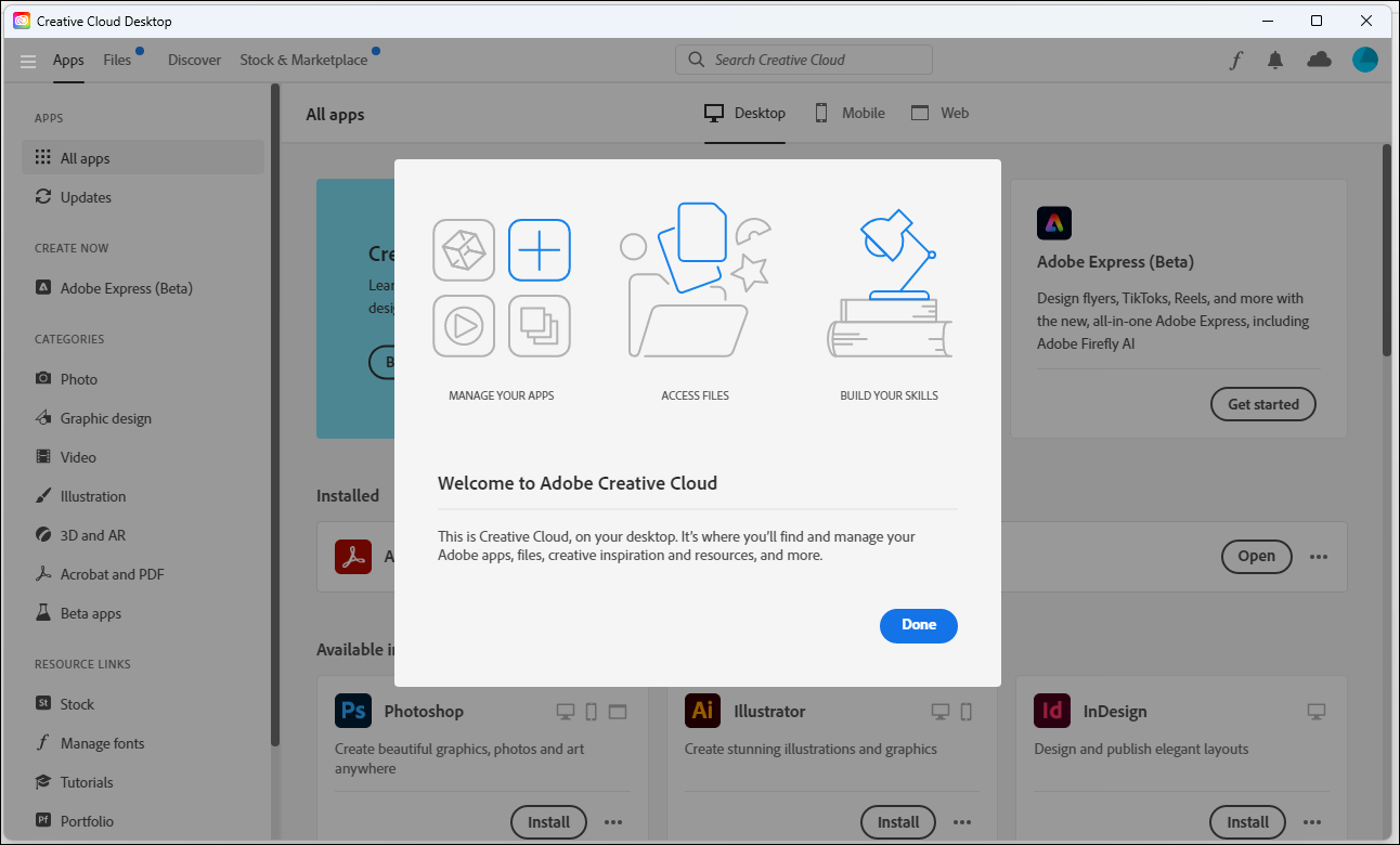 Creative Cloud Welcome Screen