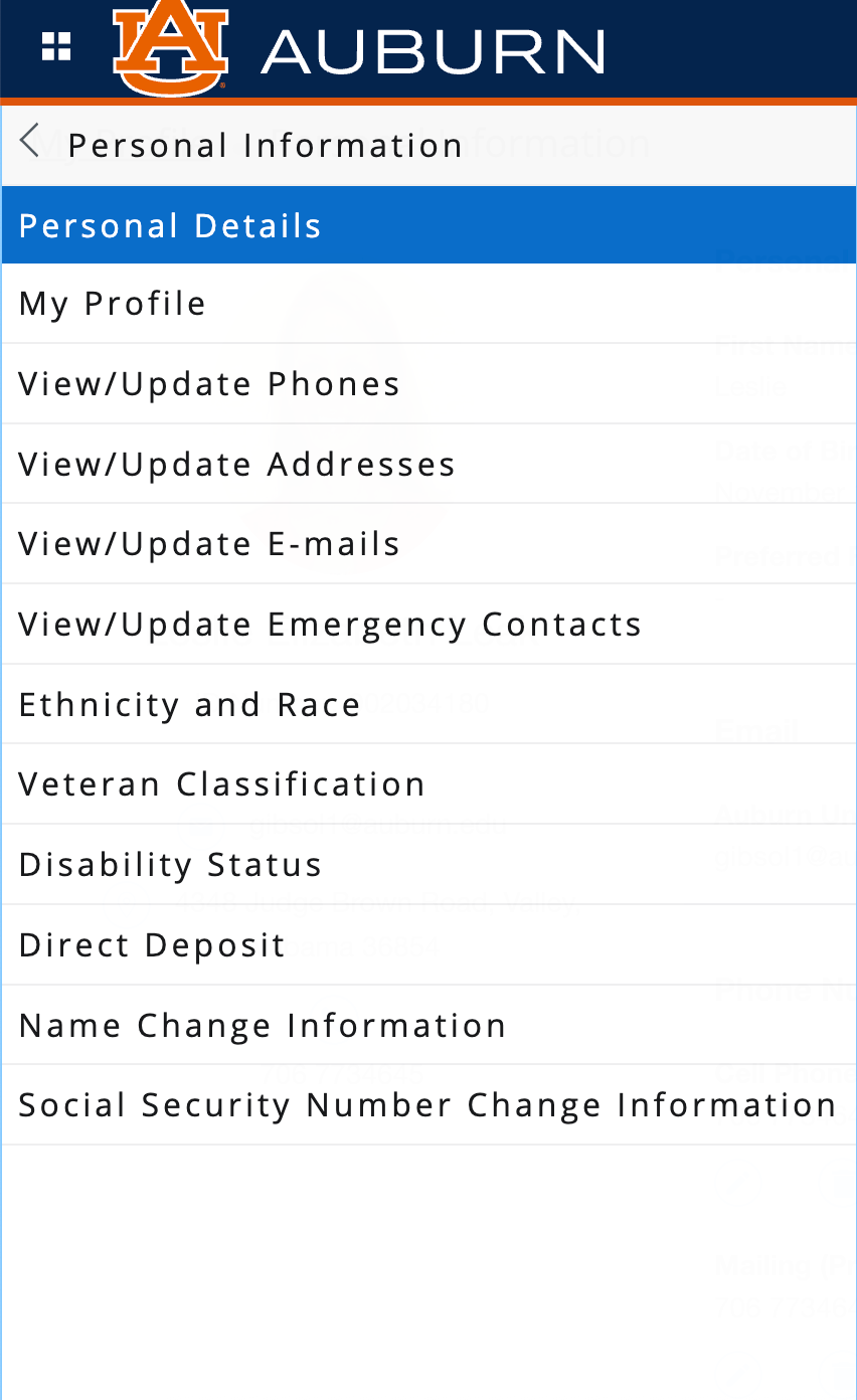 Personal Information menu options