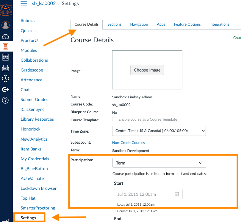 course settings is highlighted and arrow pointing to course details and participation is boxed 