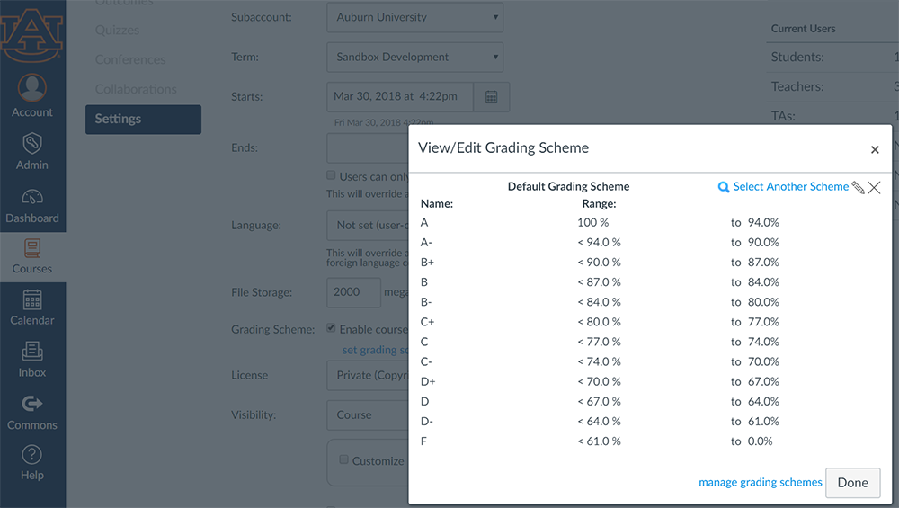 grading scheme window open 