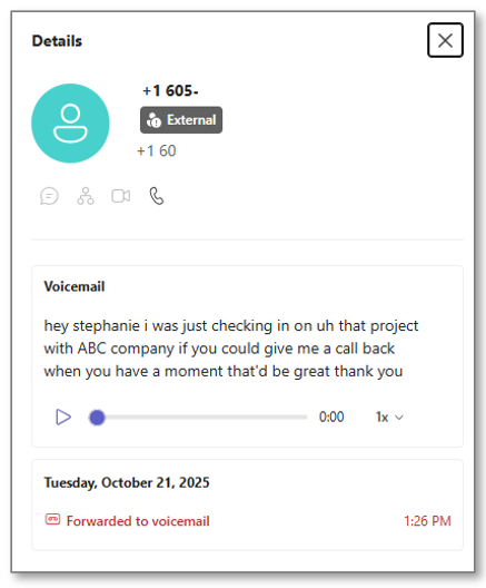 Teams Voice Voicemail Details screen