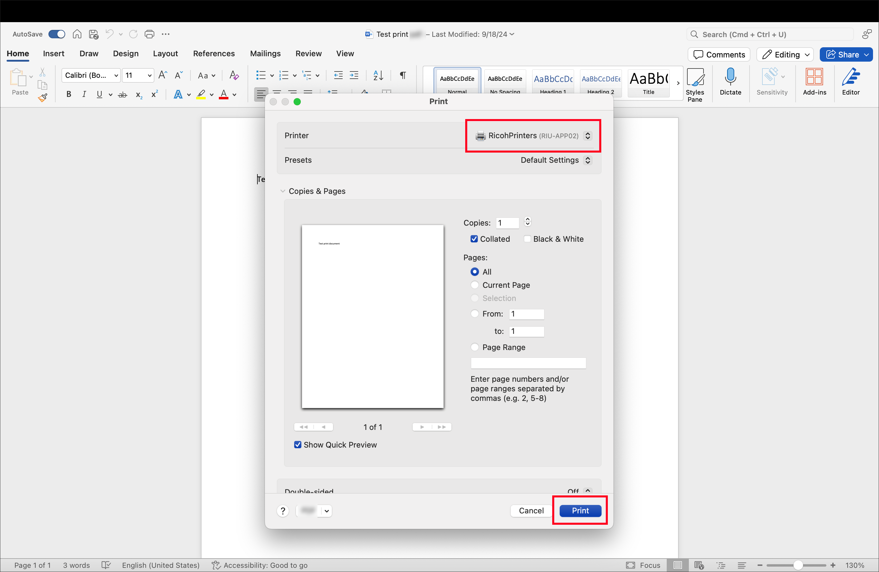 mobility print word document printing example