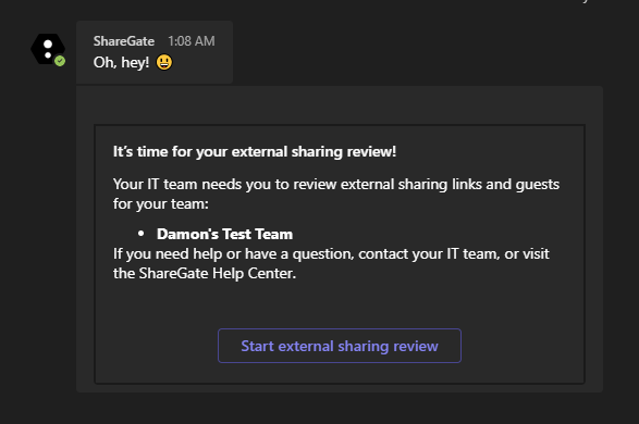 guest reivew message in teams