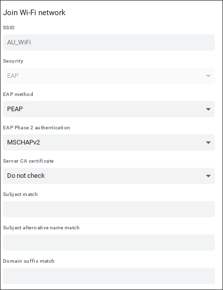 settings screen for Chromebook wifi connection