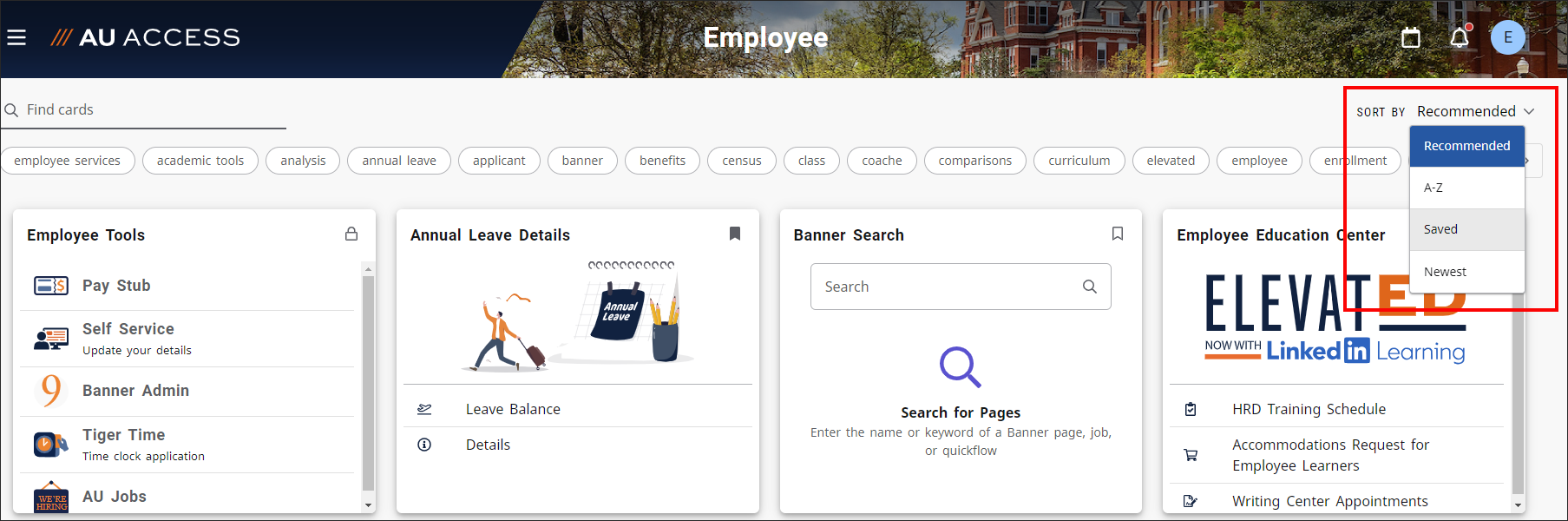 Employee AU Access Sorting Options